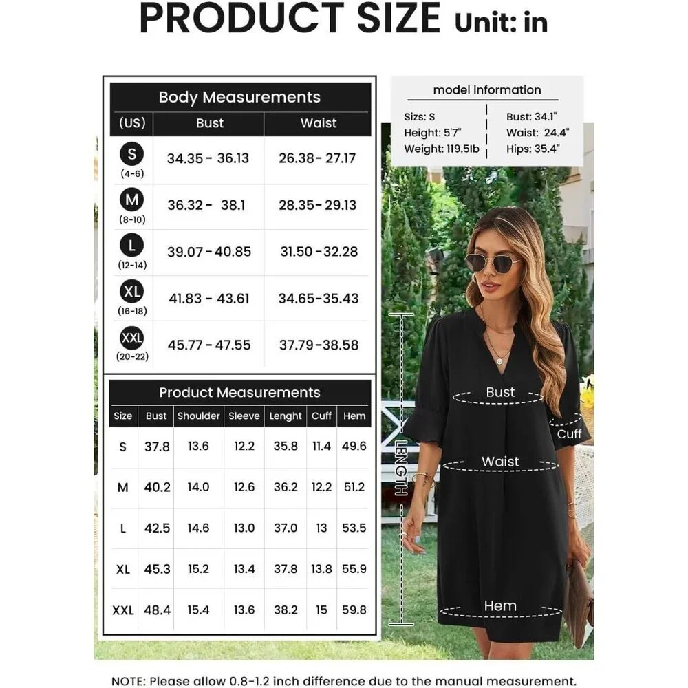 Womens Mblue 100%Polyester V-Neck Loose Fit Short Sleeve Knee Length Shift Dress - Picture 6 of 6
